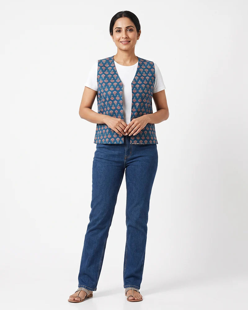 Reversible blue Jaipur print cotton jacket for women, front view, two-side block print design