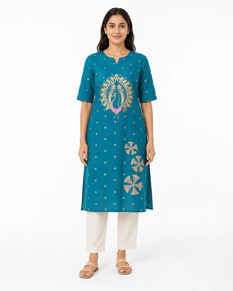 peacock print long kurti for women chitrarekha mayur cotton silk front