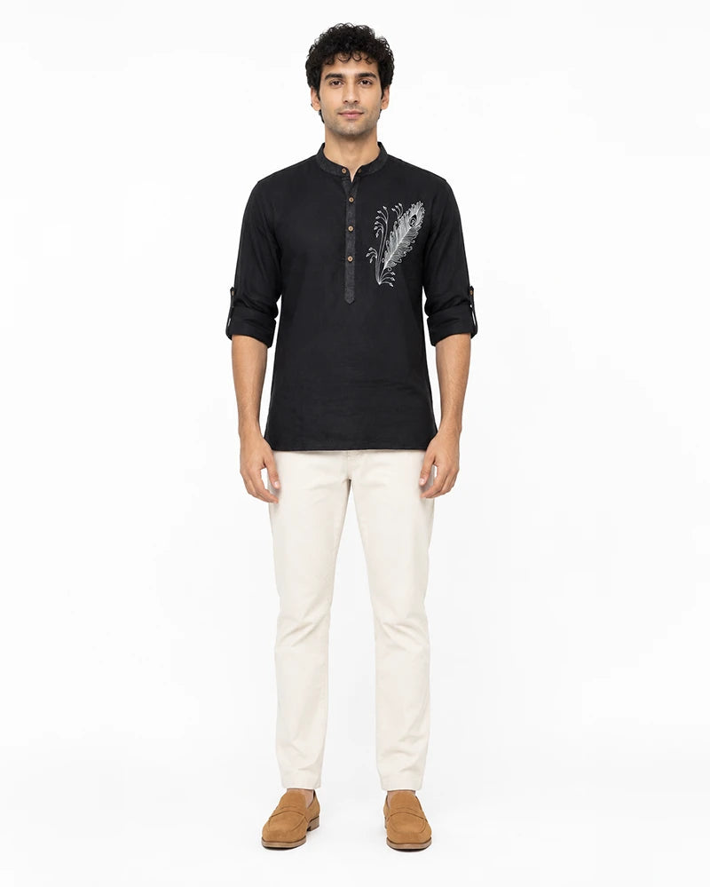 printed short kurta for men chitrarekha mayurpankh cotton linen front