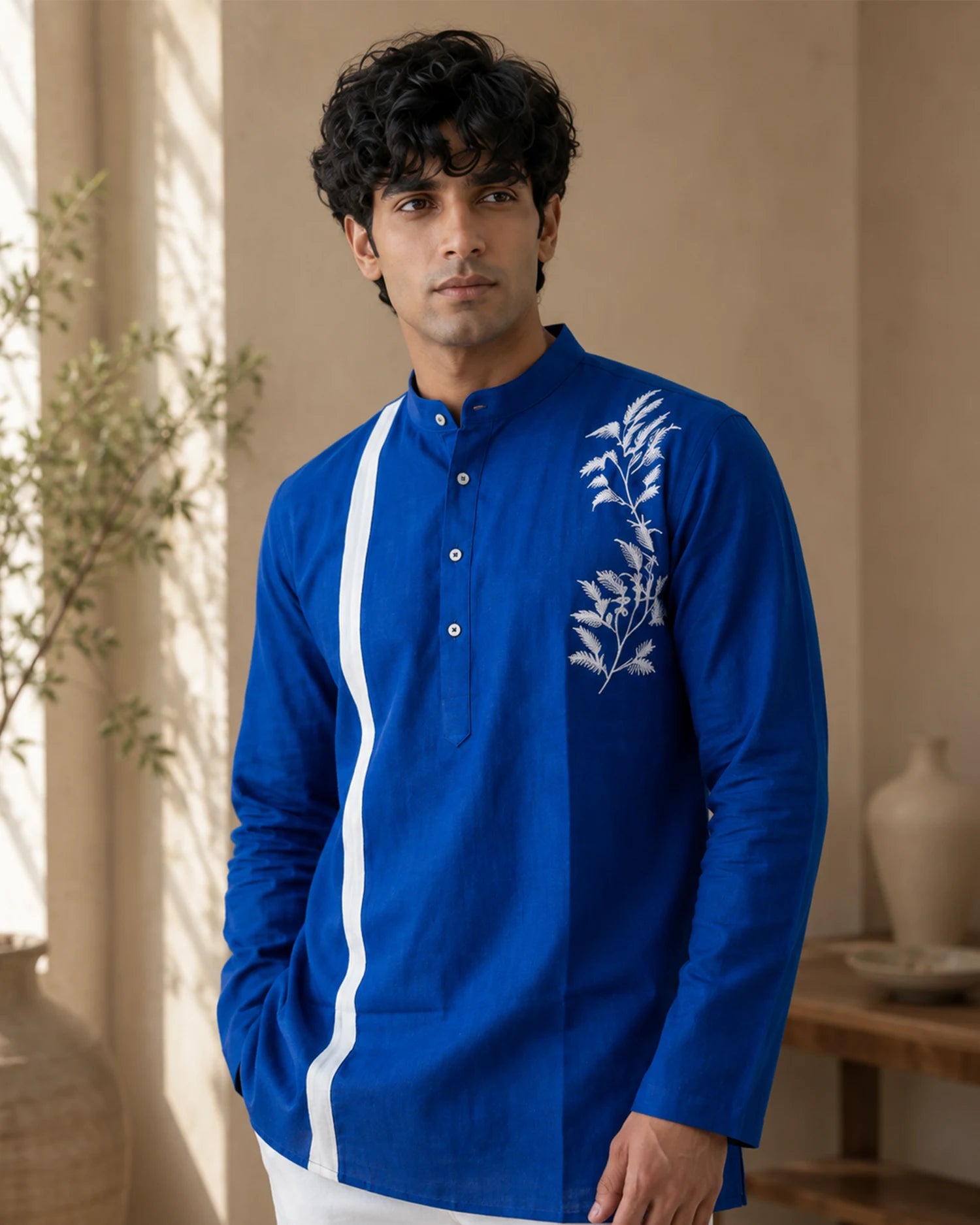 Gents Short Kurta Silver-Oak-Ruby (Blue)