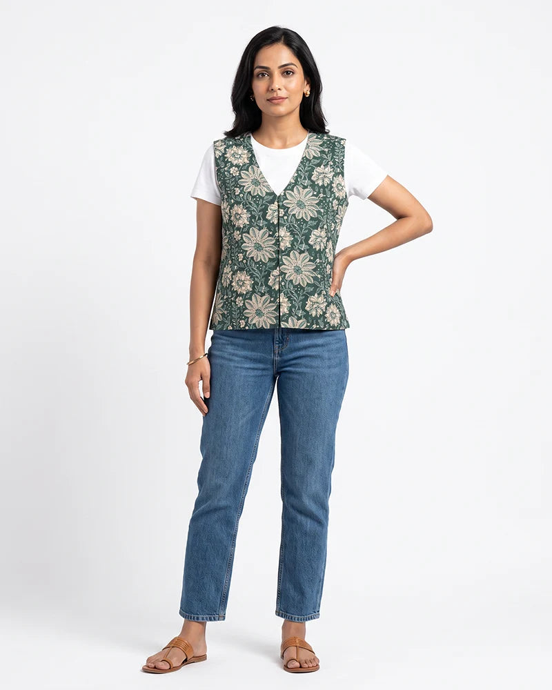 Reversible green Jaipur print cotton jacket for women, front view, two-side block print design