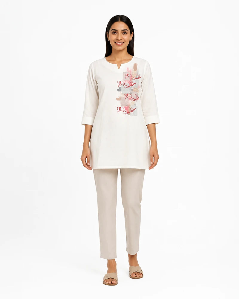 patchwork tunic top for women saajrekha off white hand painted front