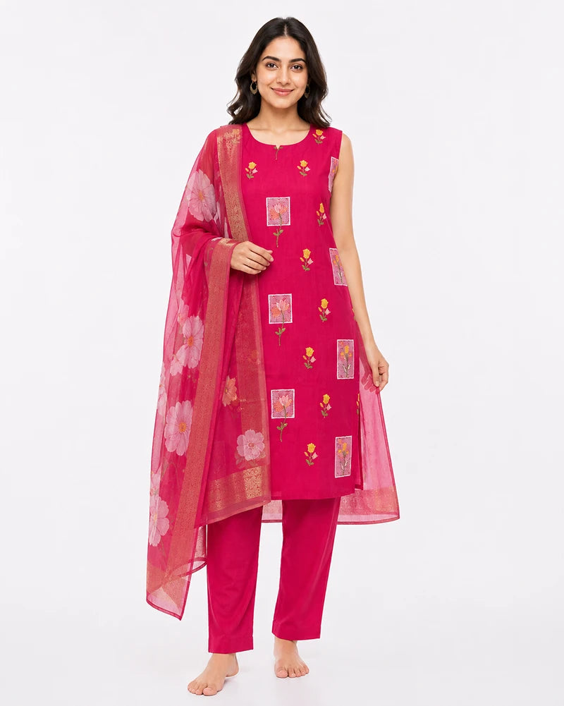 ethnic kurti set for women square flora red vertican front
