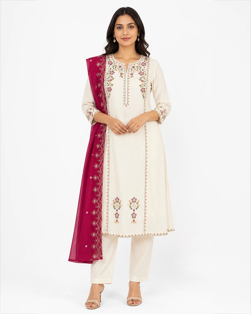 3 piece kurti set for women garland coral fabric front