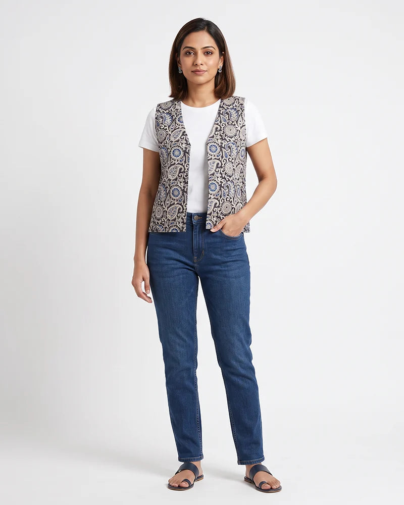 blue printed jacket for women jaipur print cotton front