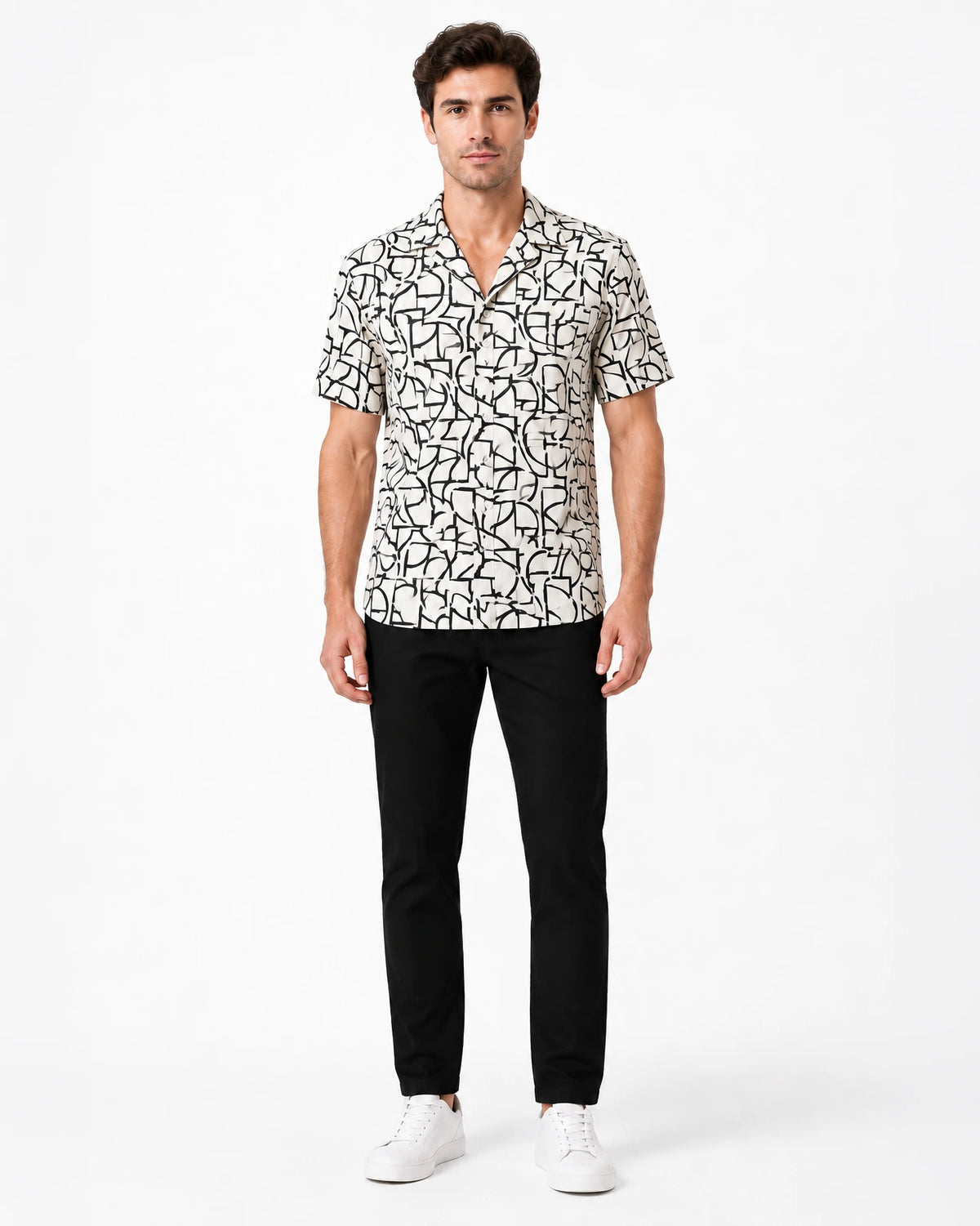 Cuban Collar Abstract Cotton Shirt for Men