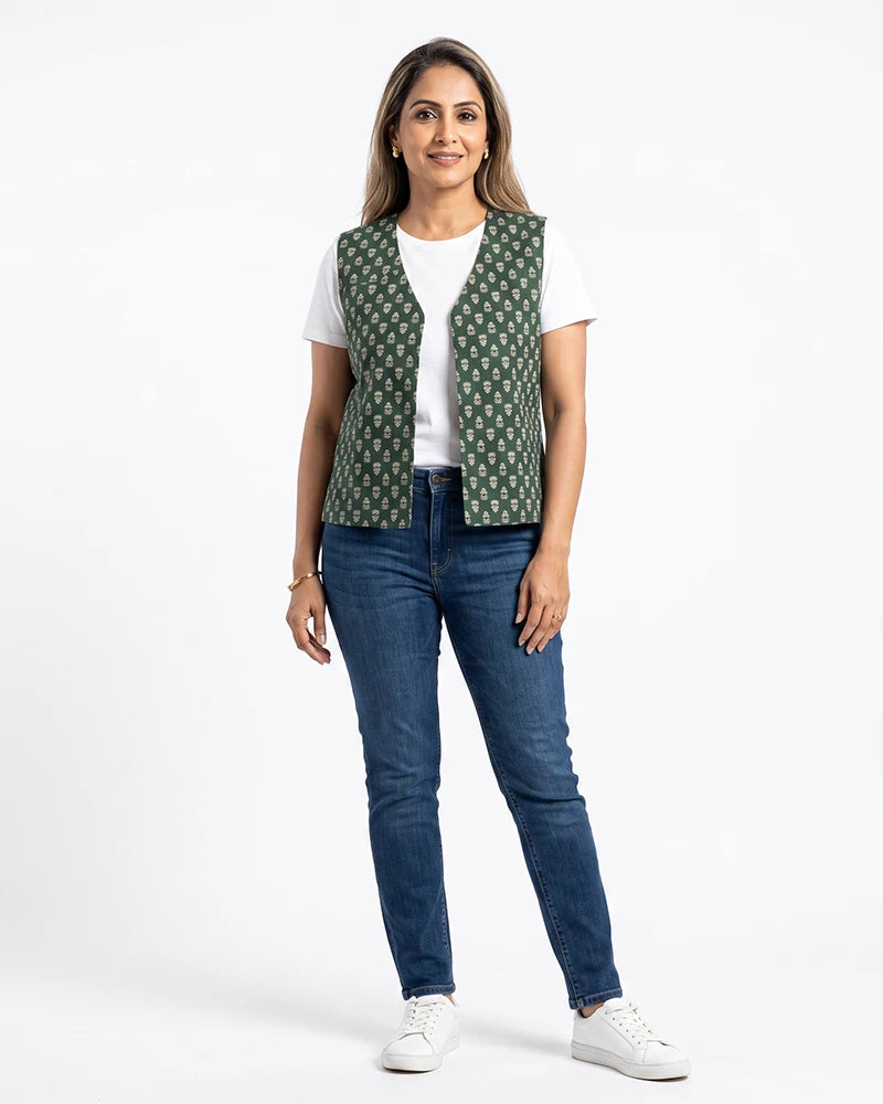 green printed jacket for women jaipur print cotton front