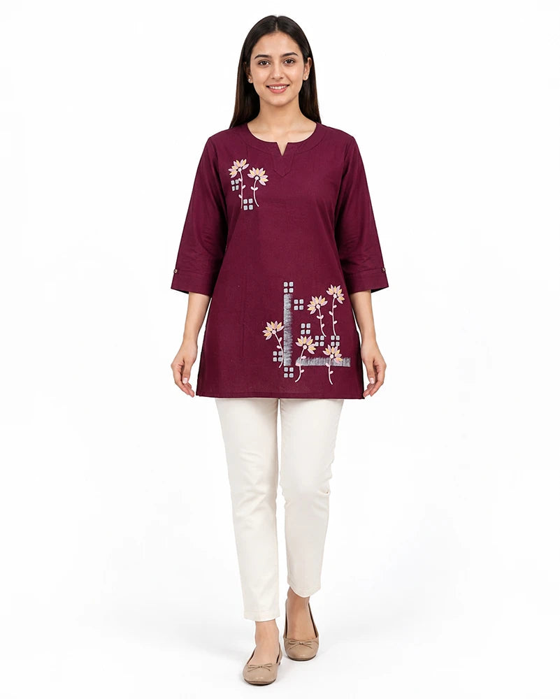 embroidered tunic top for women saajrekha classic maroon front