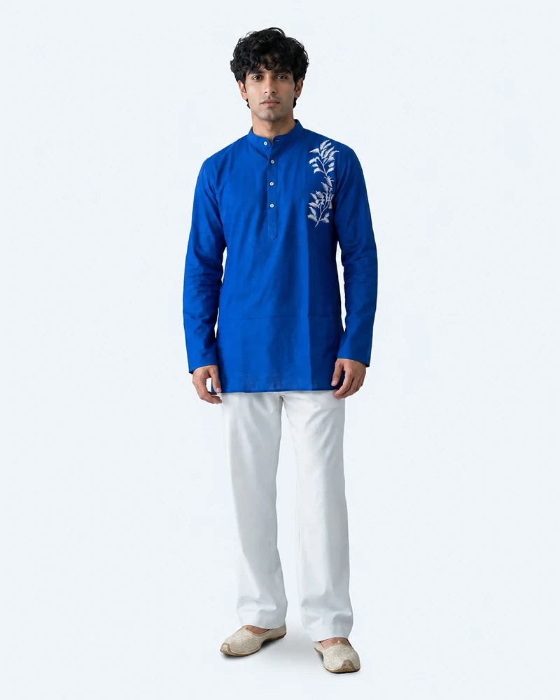 Silver Oak Ruby Blue Short Kurta for Men | Printed Mandarin Collar Kurta