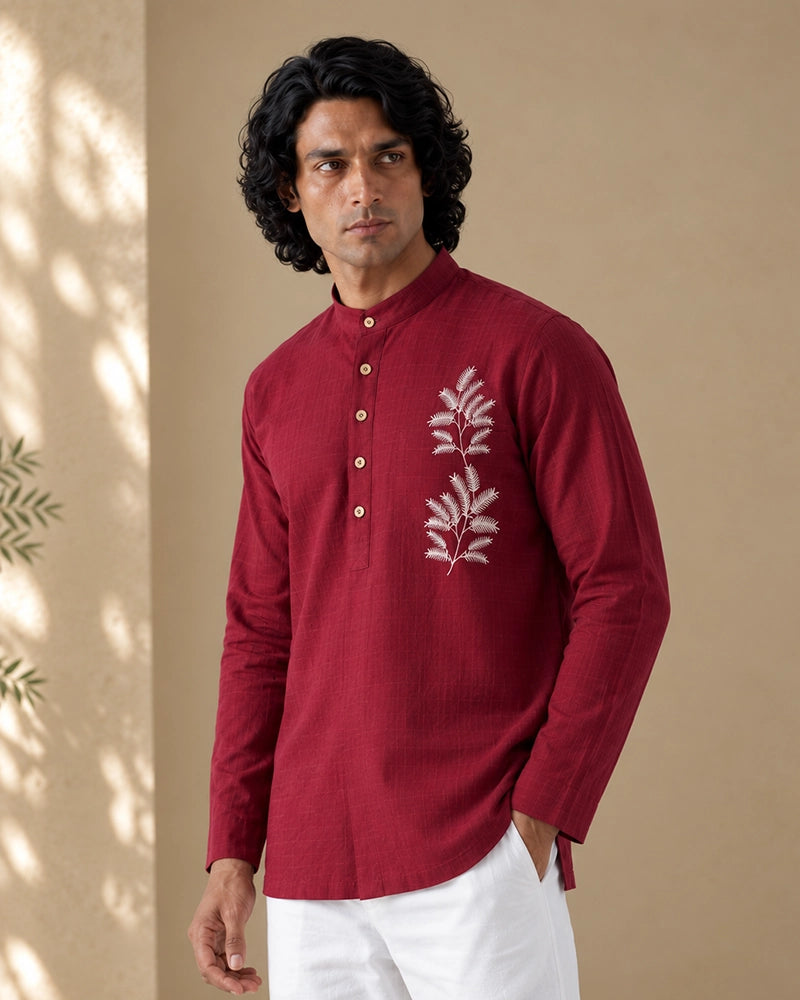 Silver Oak Ruby Red Short Kurta for Men | Printed Botanical Kurta