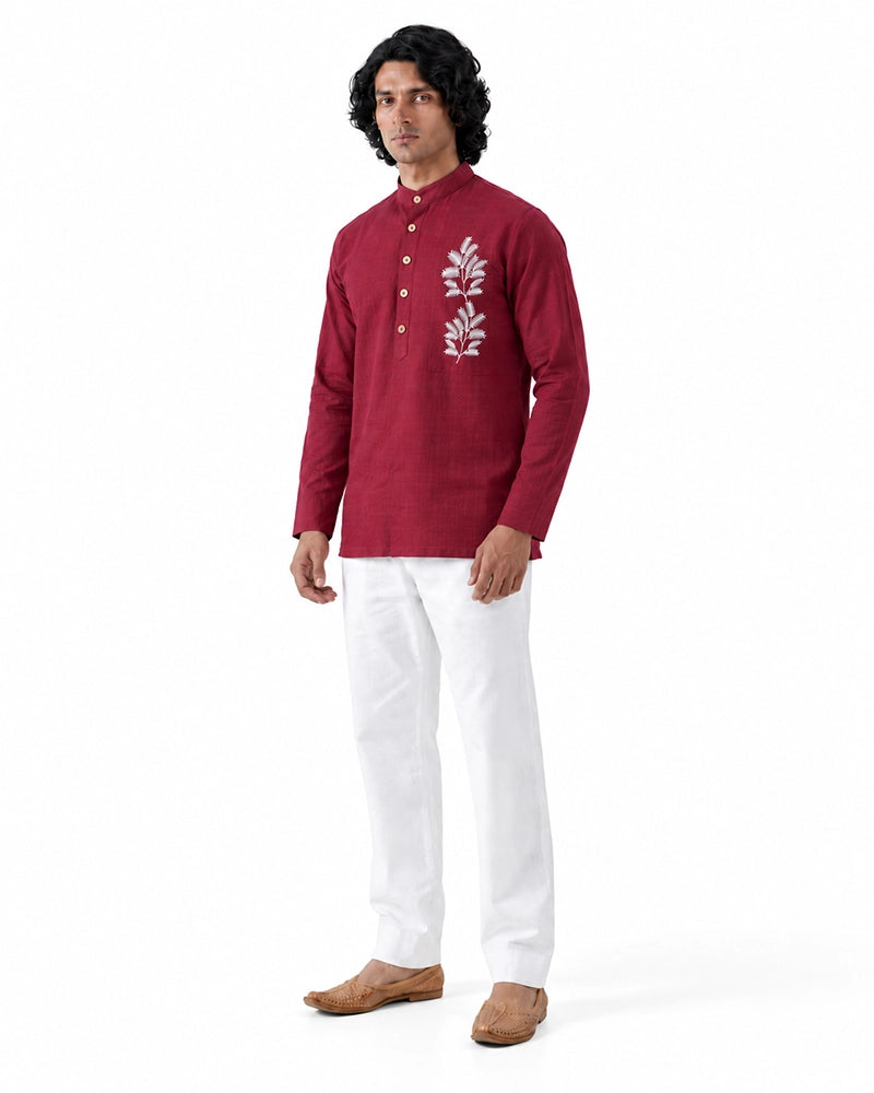 Silver Oak Ruby Red Short Kurta for Men | Printed Botanical Kurta