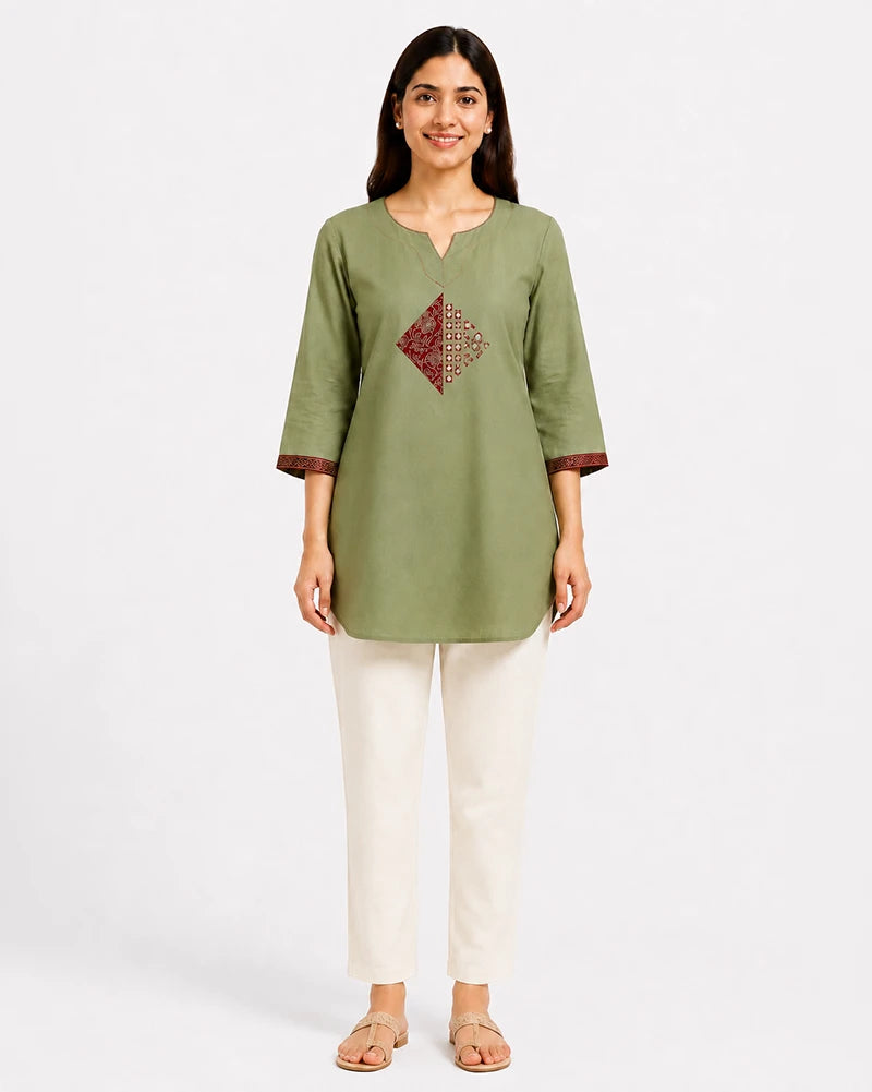 ajrakh tunic top for women fern green applique work front